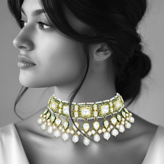 Rectangular Polki Choker with Pearl Fringe and Partash Detailing